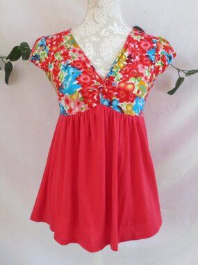 Q T Maternity Top Deep Coral Orange Multicolor Floral Print Short Sleeve Size M